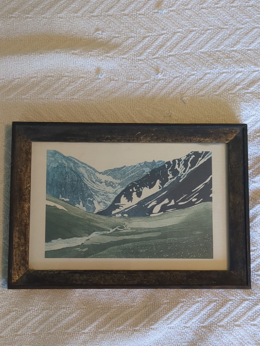 Framed Mountain Landscape Print in Teal and Navy